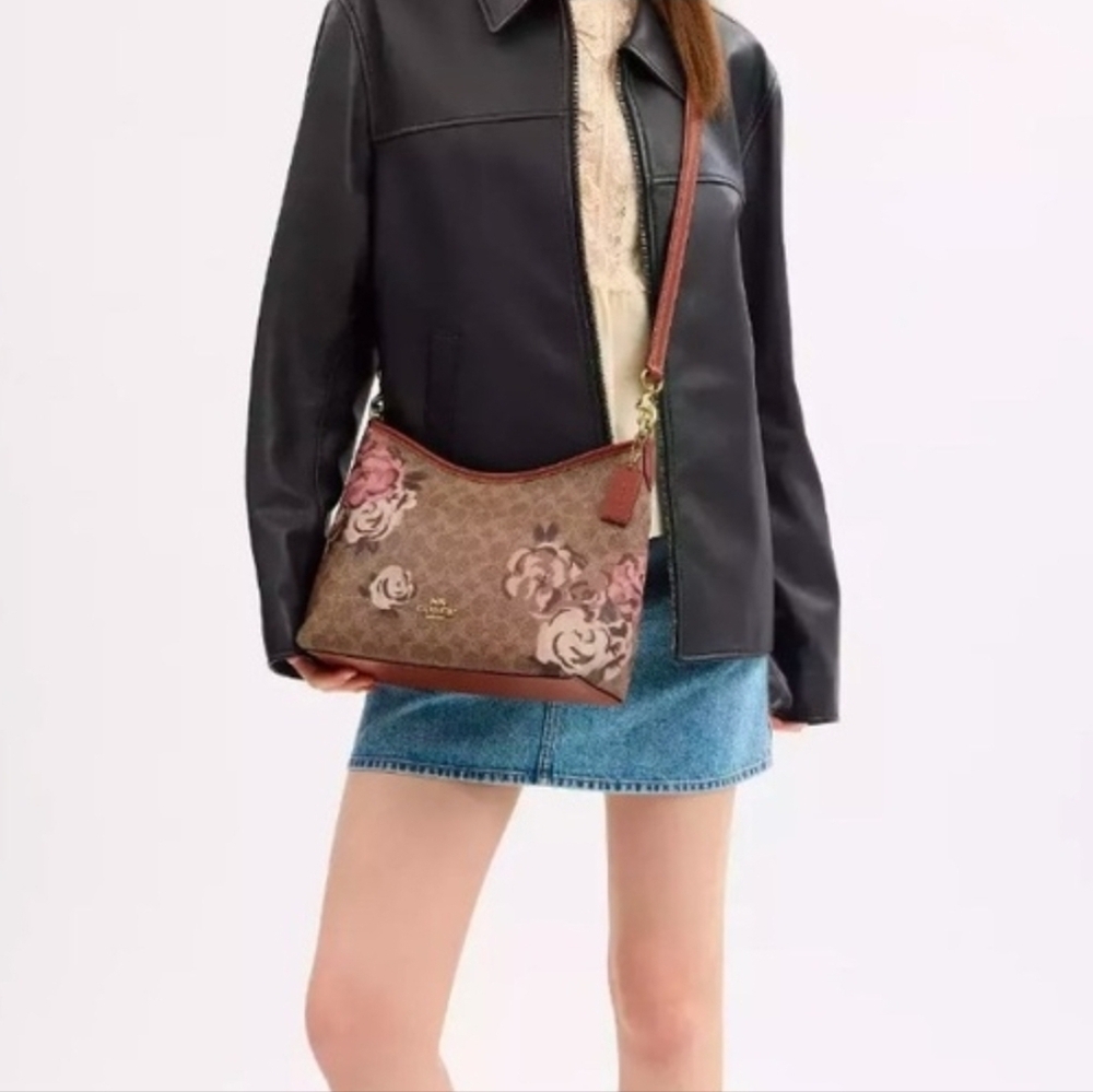 ❤️Coach Signature Floral Shoulder Bag in Brown and Pink - Picture 8 of 10